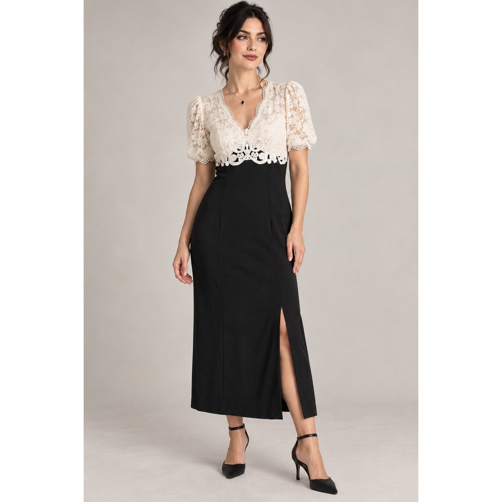 Scott McClintock 90s Romantic Goth Black Ivory Lace Maxi Dress 10 Formal Slit